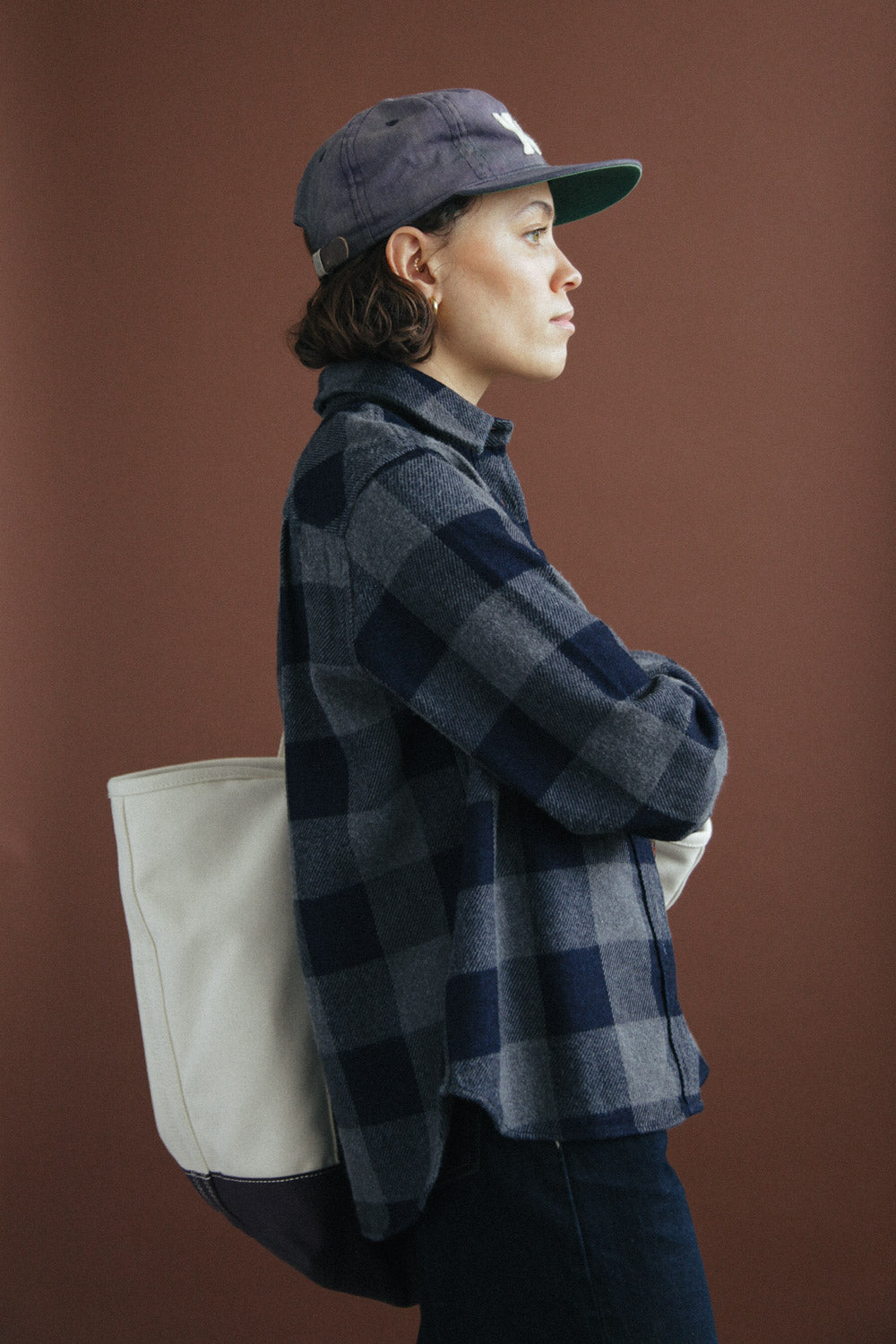 Gallery images of the Women’s Japanese Indigo Check Flannel Shirt (Grey)