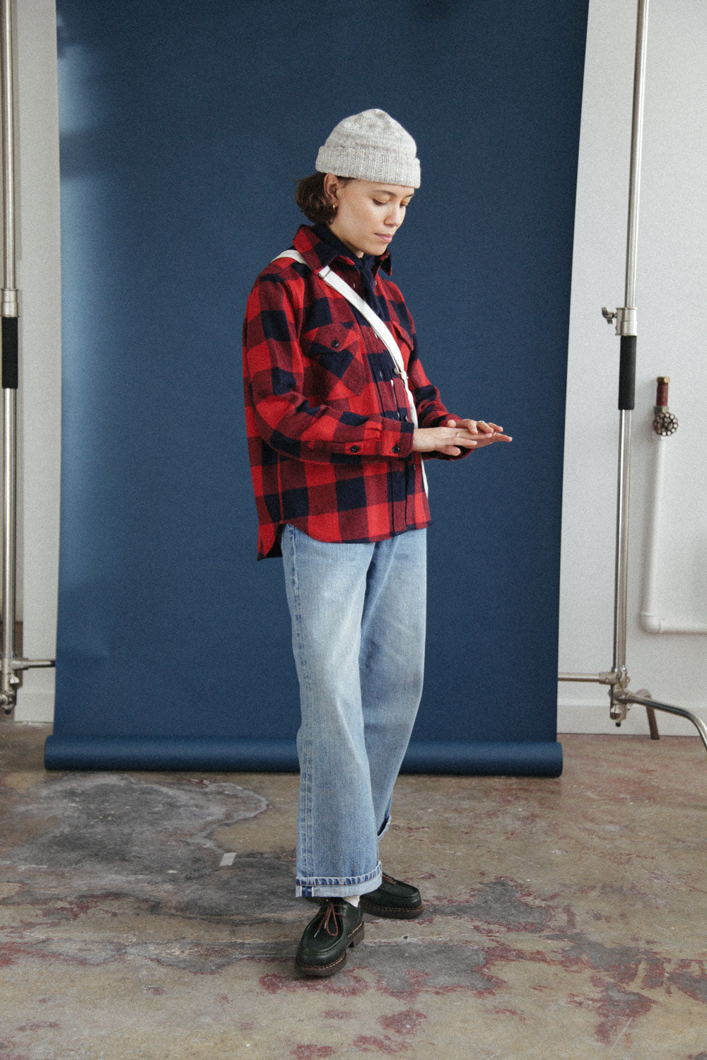 Gallery images of the Women’s Japanese Indigo Check Flannel Shirt (Red)